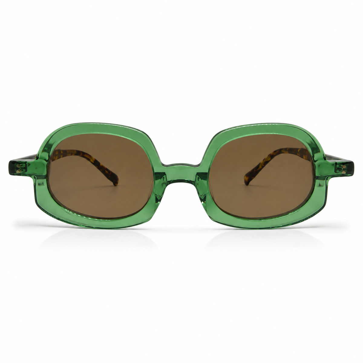Green sunglasses with brown lenses on a white background