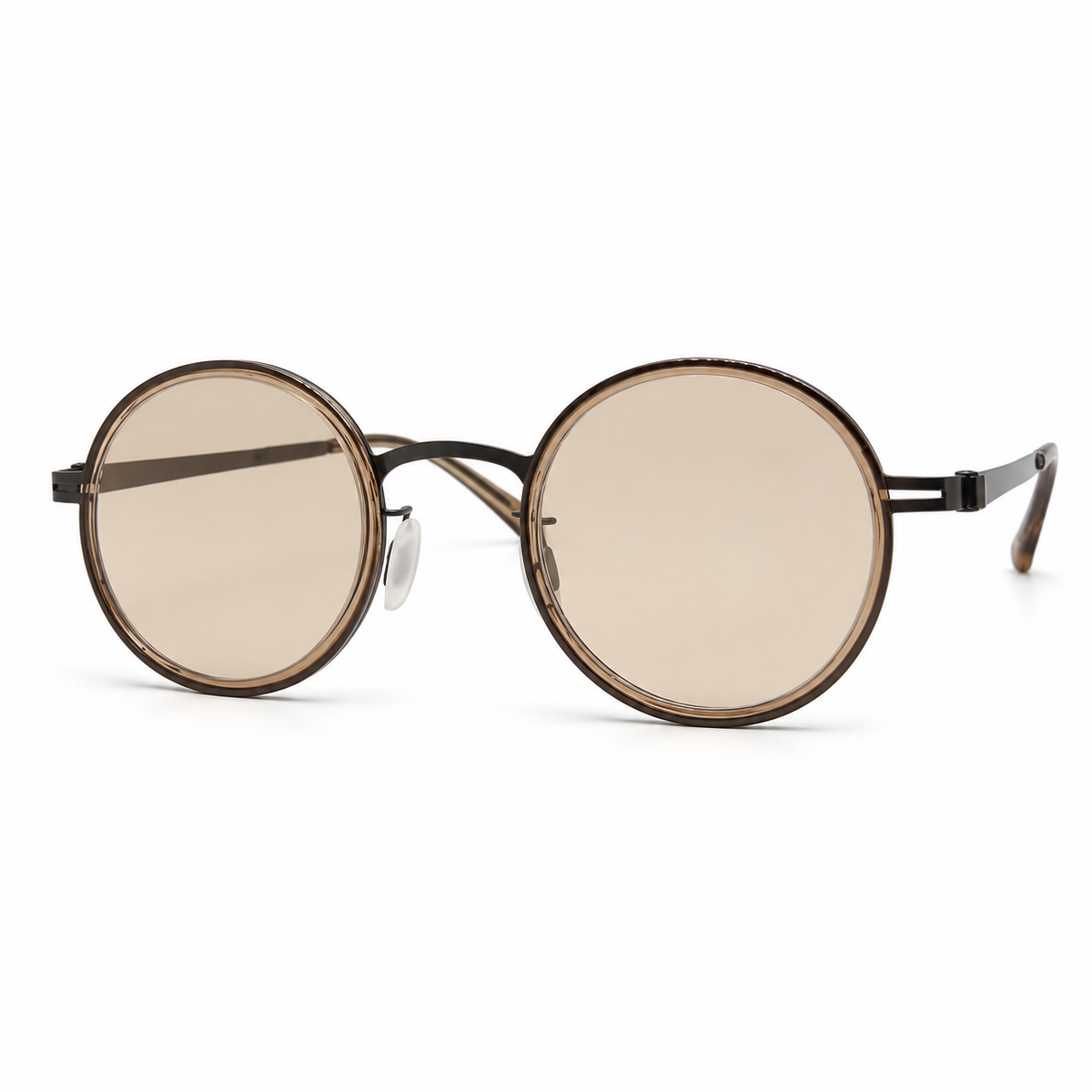 Round sunglasses with beige lenses and brown frames on a white background