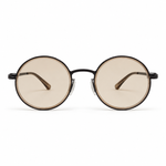 Round eyeglasses with brown frames on a white background