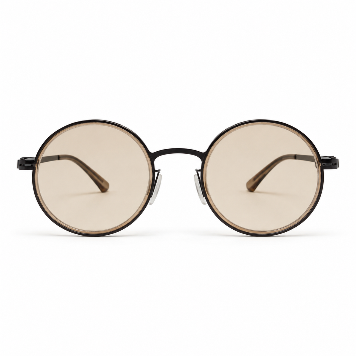 Round eyeglasses with brown frames on a white background