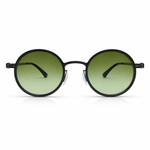 Round sunglasses with black frames and green lenses on a white background
