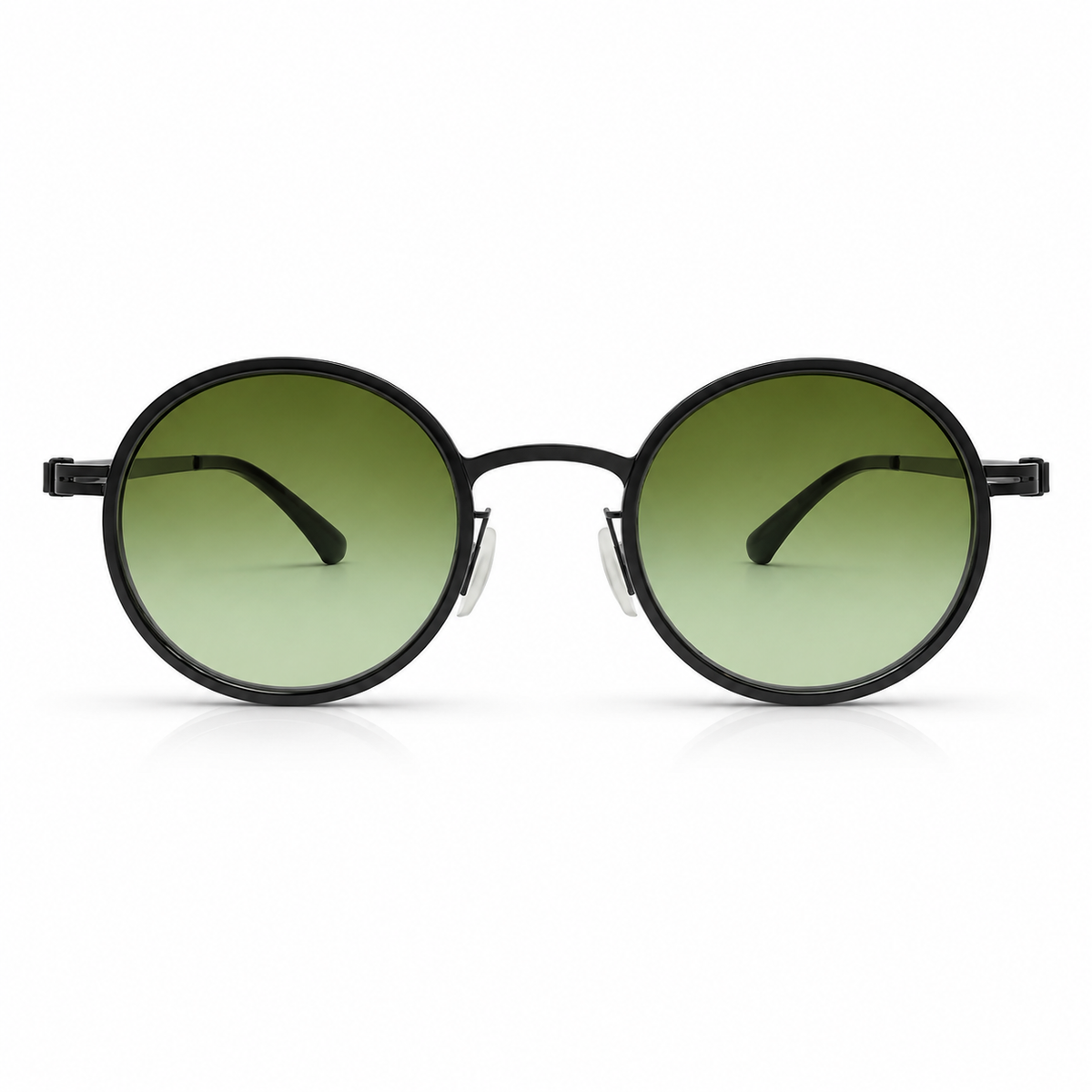 Round sunglasses with black frames and green lenses on a white background