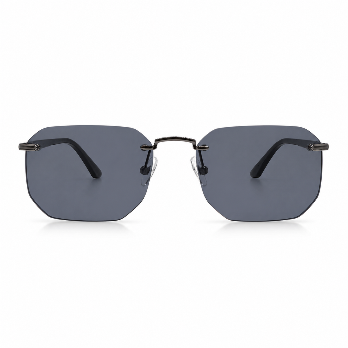 Sunglasses with gun colored frames and dark lenses on a white background