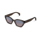 Sunglasses with gray frame and blue-tinted lenses on a white background