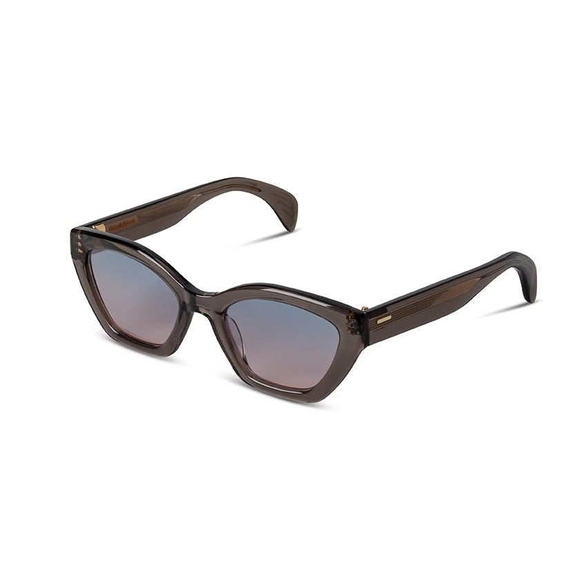 Sunglasses with gray frame and blue-tinted lenses on a white background