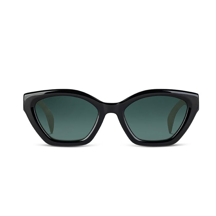 Black cat-eye sunglasses with dark lenses on a white background