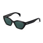 Black sunglasses with green lenses on a white background