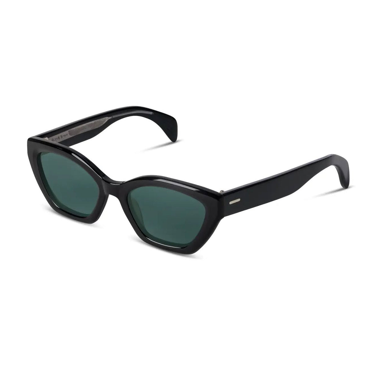 Black sunglasses with green lenses on a white background