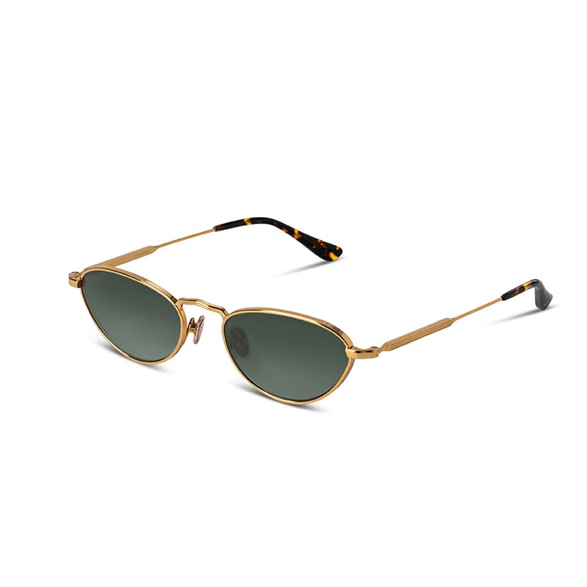Rose Gold-framed sunglasses with green lenses on a white background