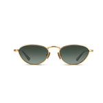 Gold-framed sunglasses with green lenses on a white background