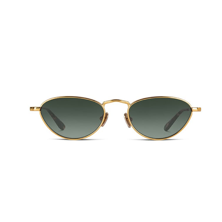 Gold-framed sunglasses with green lenses on a white background