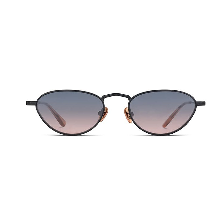 Sunglasses withblack frame and blue-tinted lenses on a white background