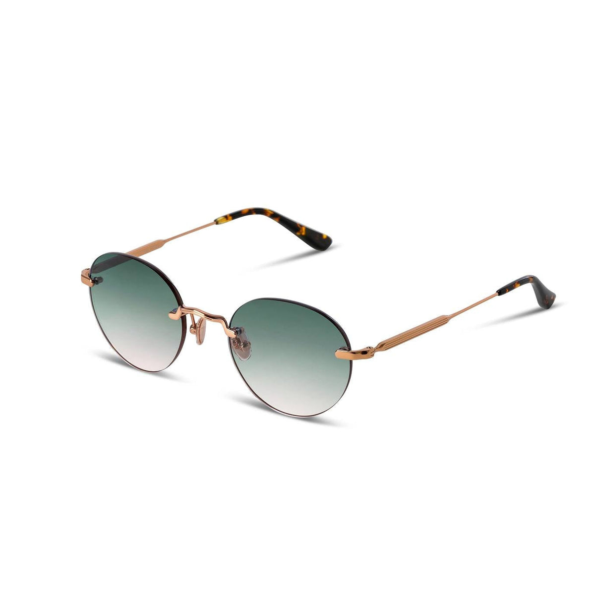 Rimless sunglasses with gold frame and green gradient lenses on a white background