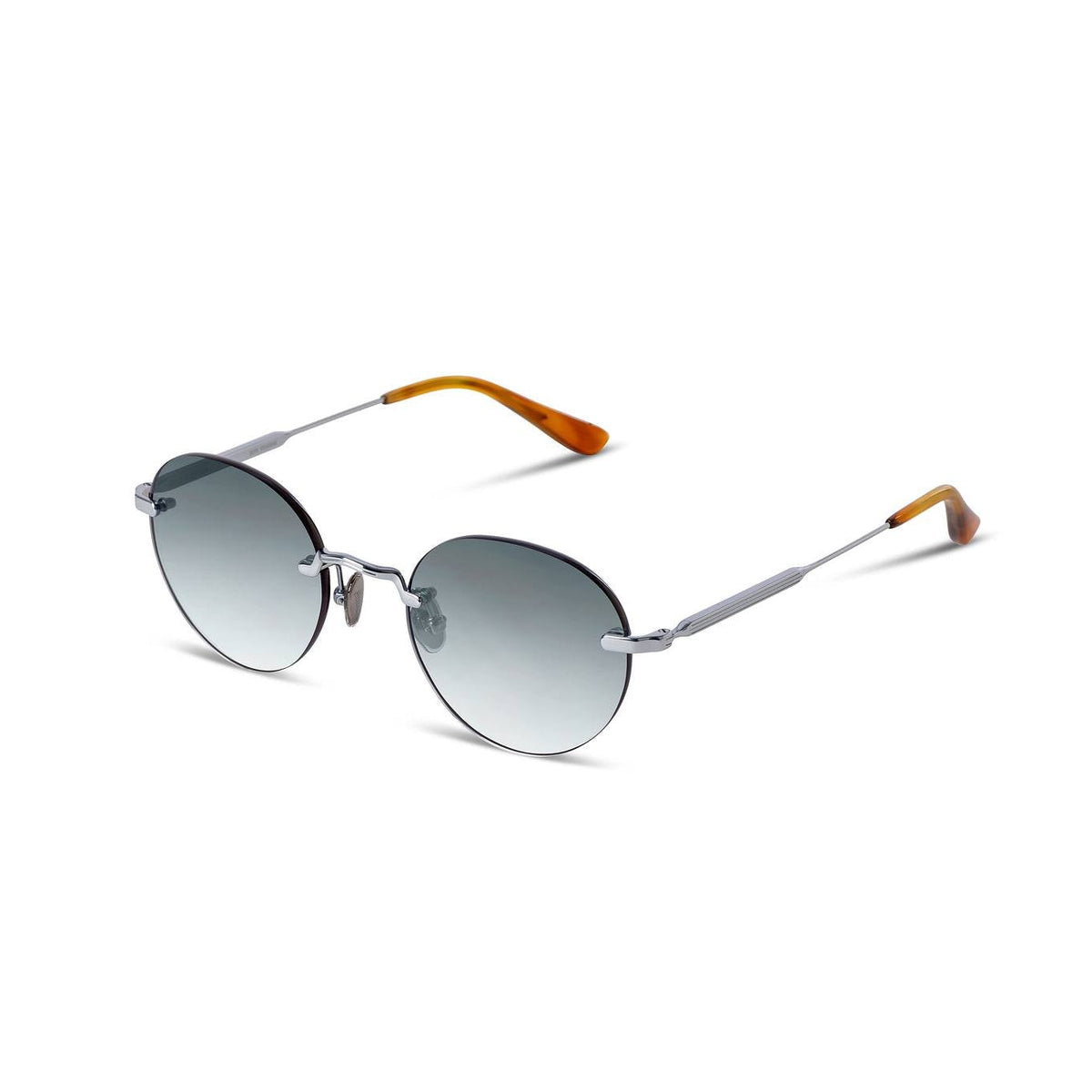 Silver rimless  sunglasses with dark lenses on a white background