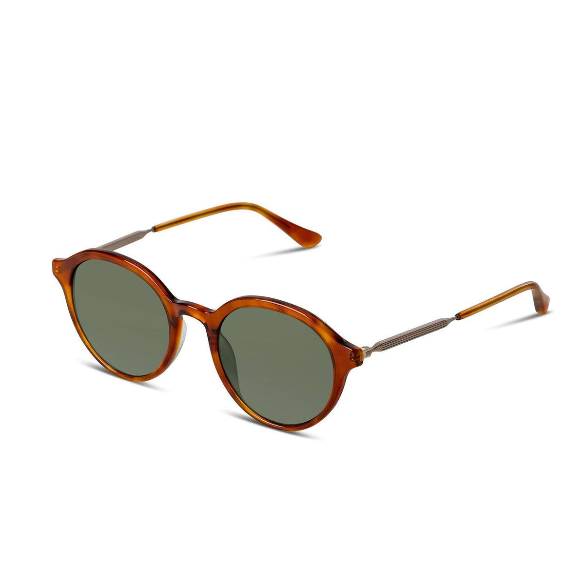 Round sunglasses with brown frame and green lenses on a white background