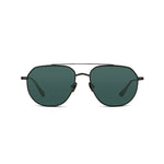 Black sunglasses with dark green lenses on a white background