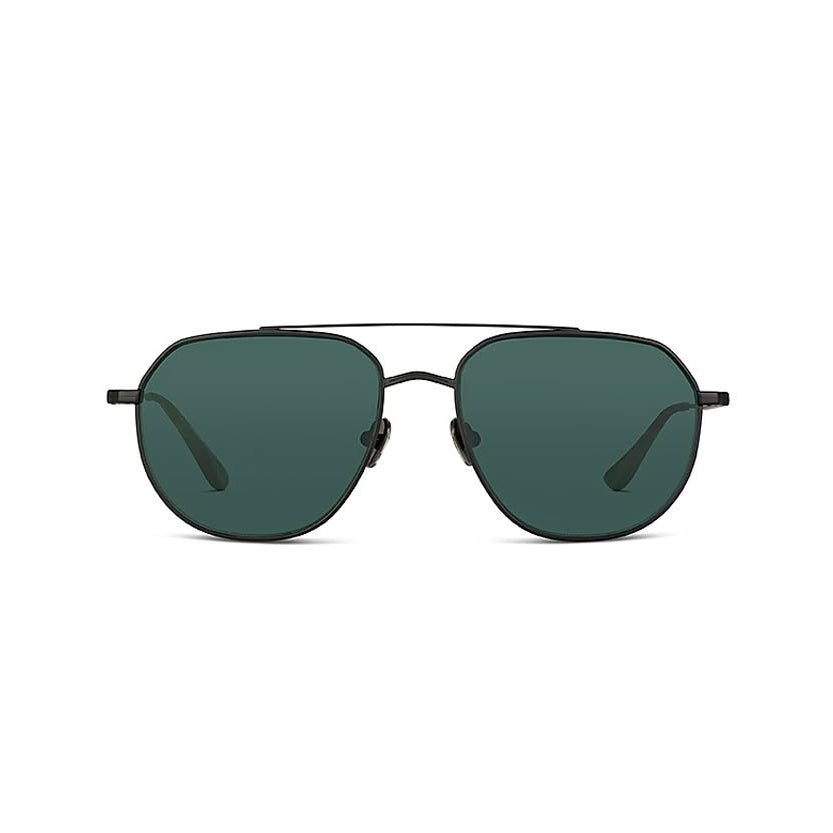Black sunglasses with dark green lenses on a white background