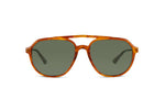 Sunglasses with tortoiseshell aviator frame and dark lenses on a white background