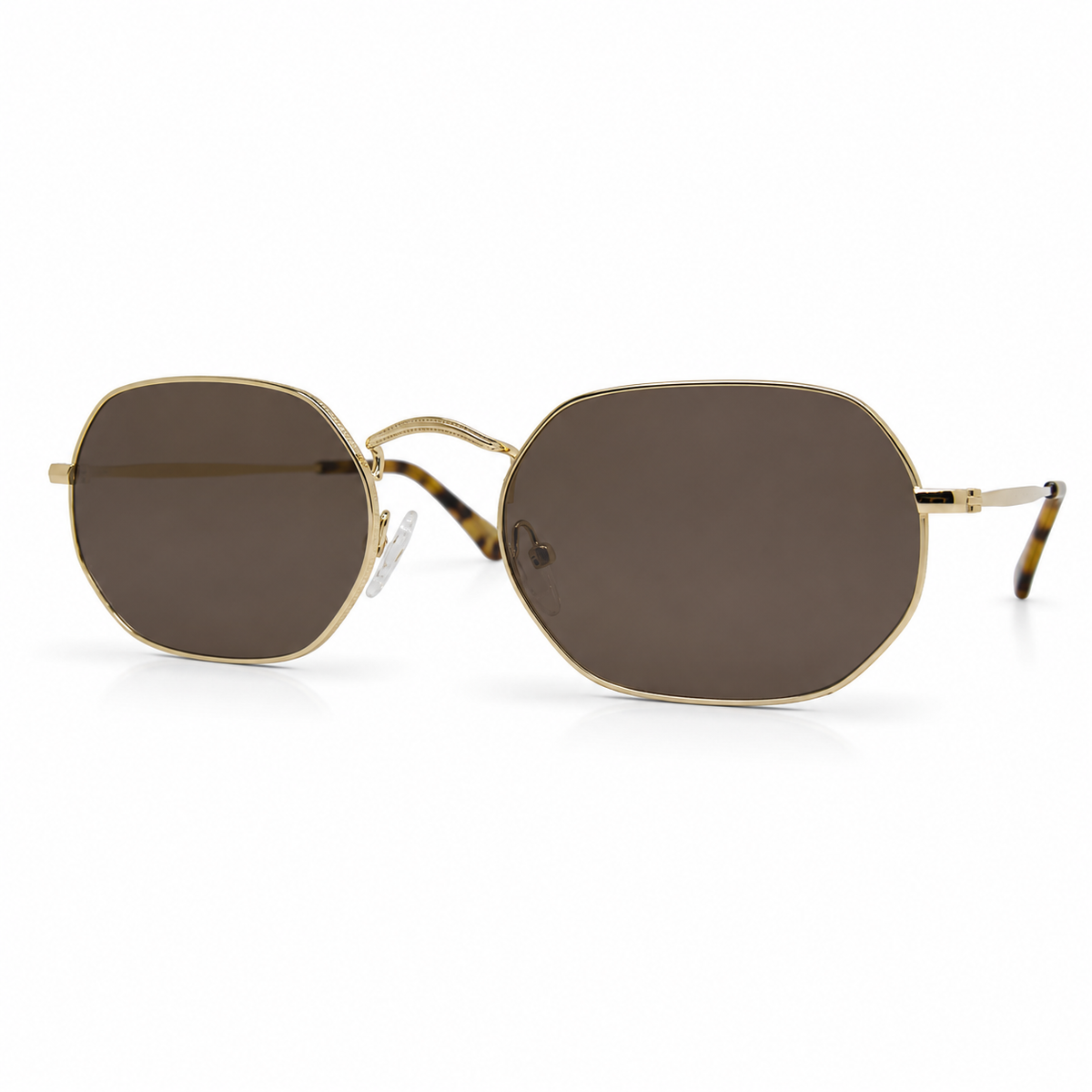 Gold-framed sunglasses with brown lenses on a white background