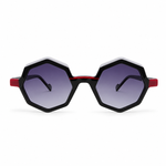 Sunglasses with black frames and red accents on a white background