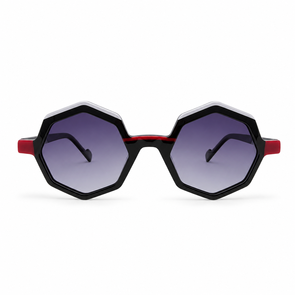 Sunglasses with black frames and red accents on a white background