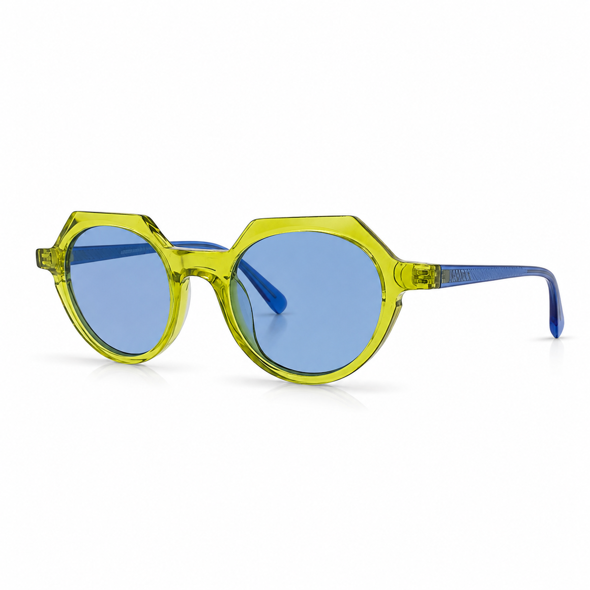 Sunglasses with yellow frame and blue lenses on a white background