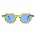 Sunglasses with geometric yellow frame and blue lenses on a white background