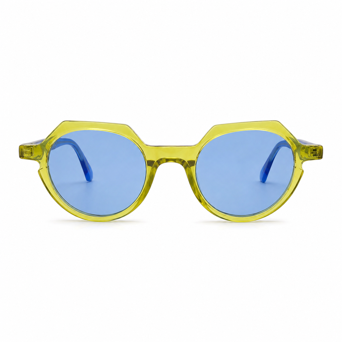 Sunglasses with geometric yellow frame and blue lenses on a white background