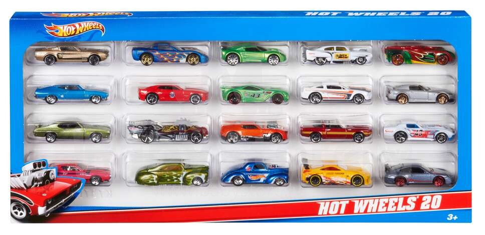 Assorted Mattel Hot Wheels die-cast cars collection in a blue display box.