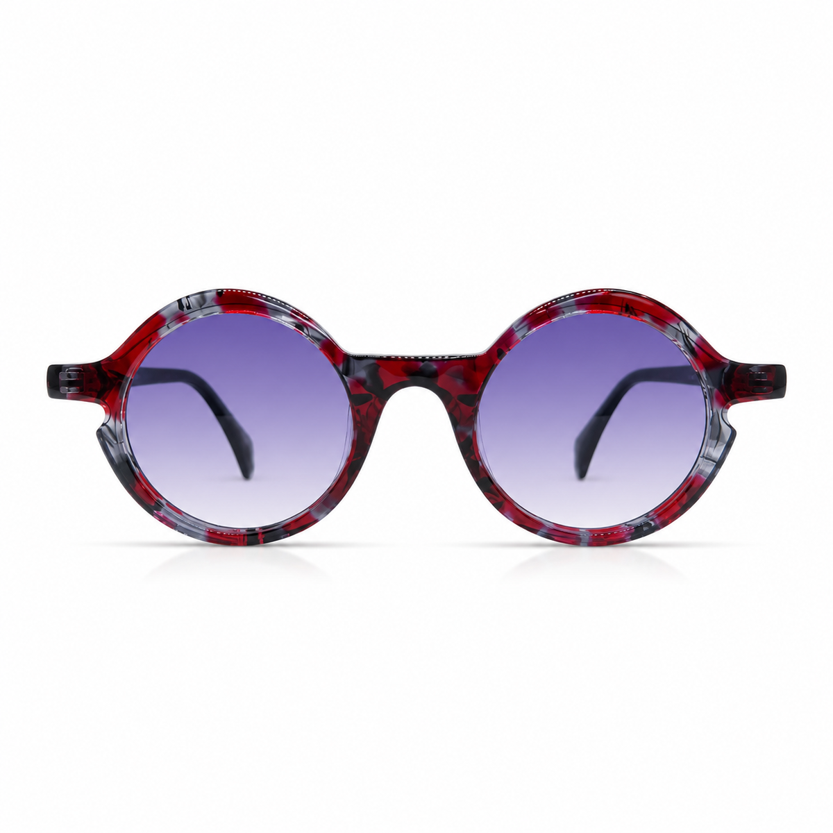 Round sunglasses with red and black frame and blue lenses on a white background