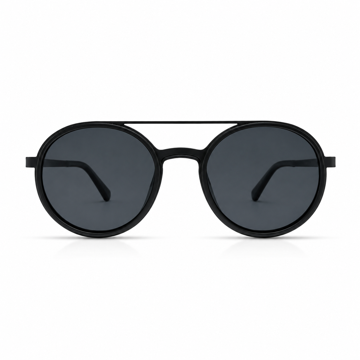 Round sunglasses with dark lenses on a white background
