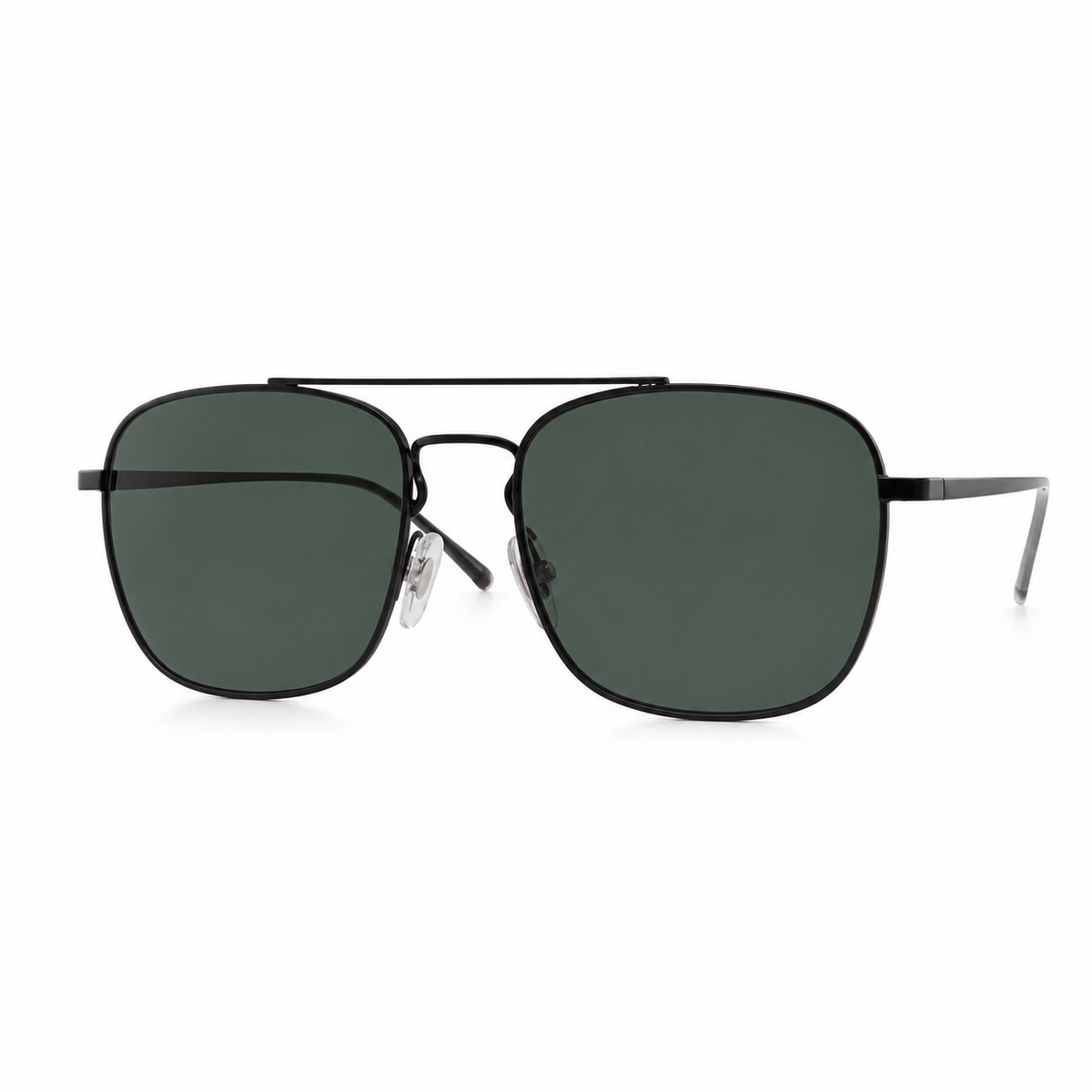 Sunglasses with dark lenses and thin metal frame on a white background