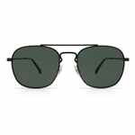 Sunglasses with dark lenses and thin black frame on a white background