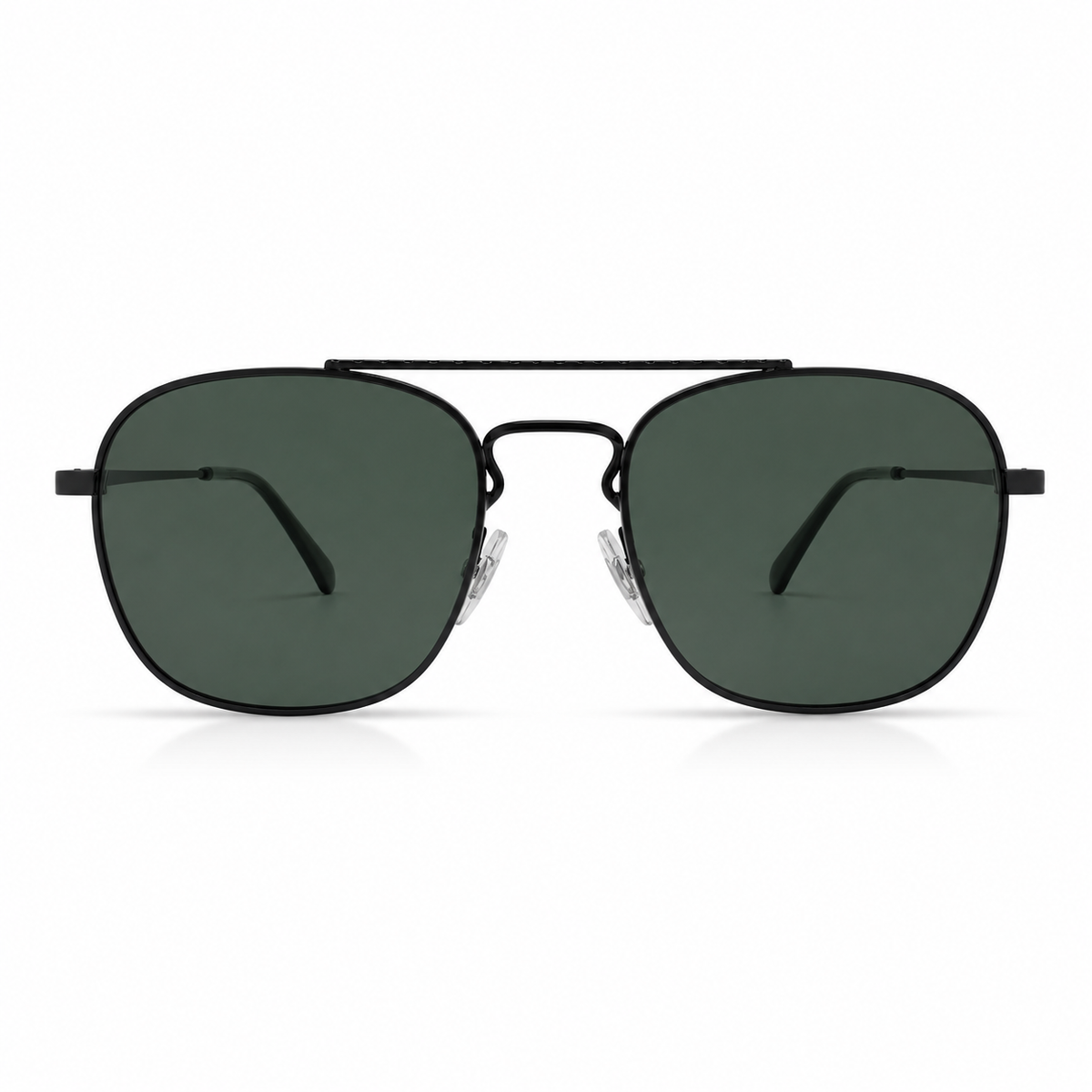 Sunglasses with dark lenses and thin black frame on a white background