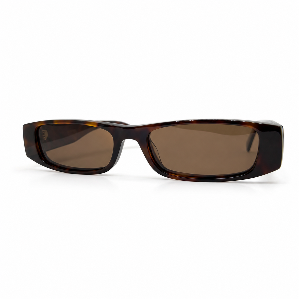 Sunglasses with tortoiseshell frame and brown lenses on a white background