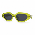 Sunglasses with green frame and dark lenses on a white background