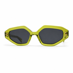 Sunglasses with a green frame and dark lenses on a white background