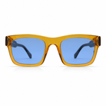 Square Sunglasses with orange frame and blue lenses on a white background
