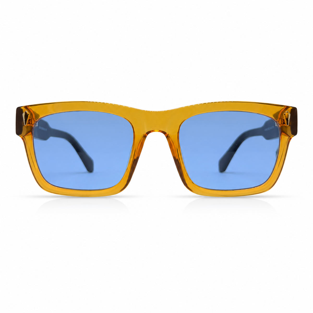 Square Sunglasses with orange frame and blue lenses on a white background