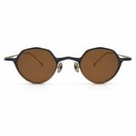 Round sunglasses with brown lenses and black frames on a white background