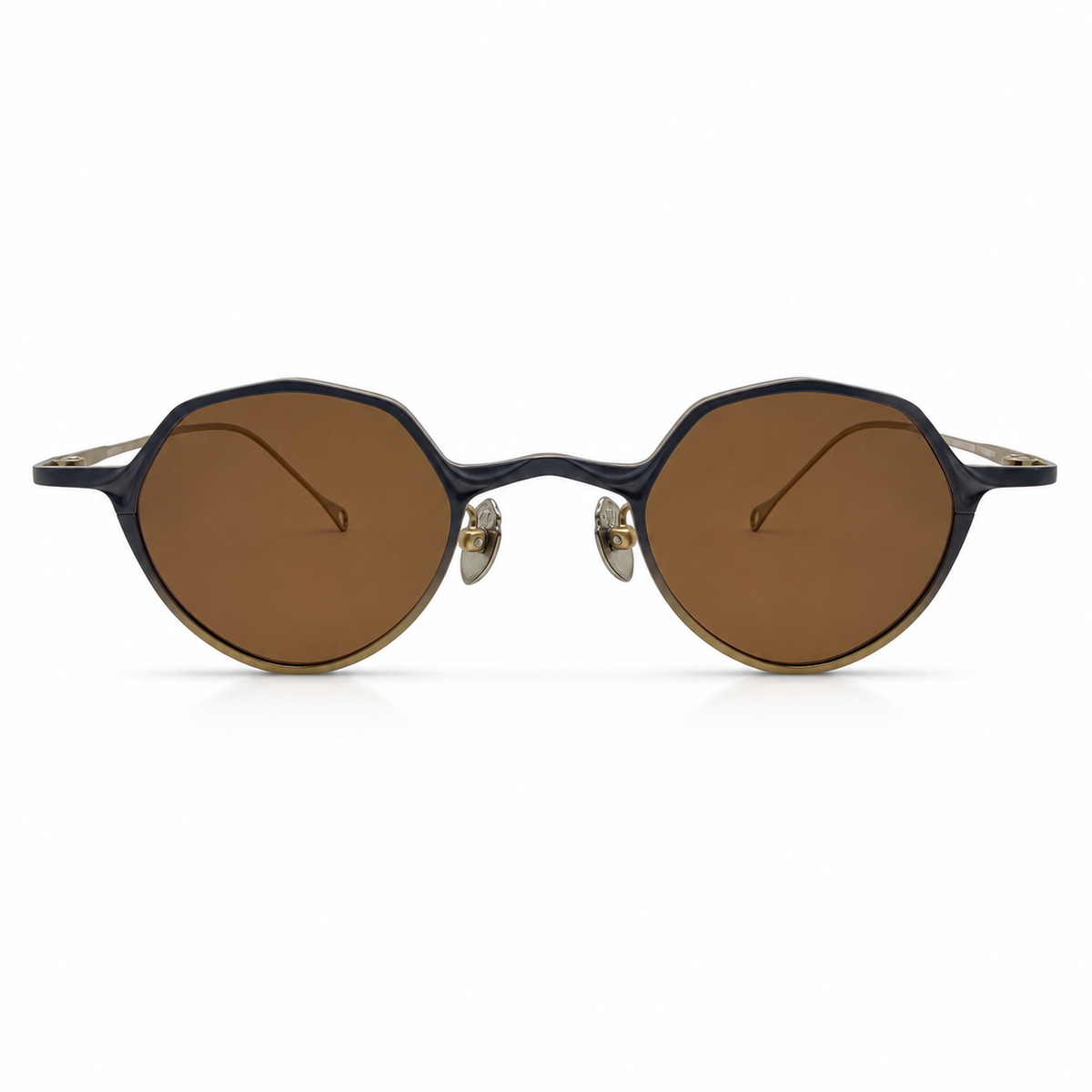 Round sunglasses with brown lenses and black frames on a white background