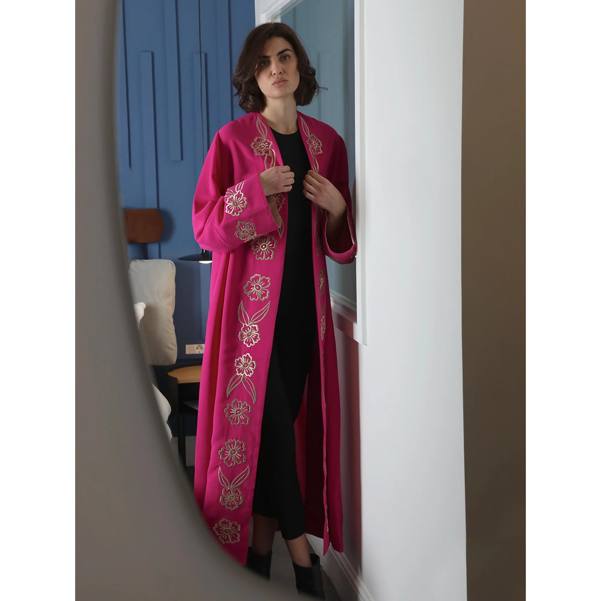 Gold Flowers Fuschia Abaya