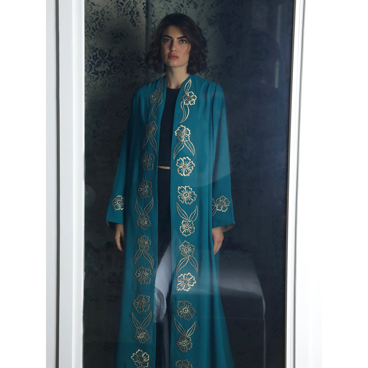Gold Flowers Teal Abaya