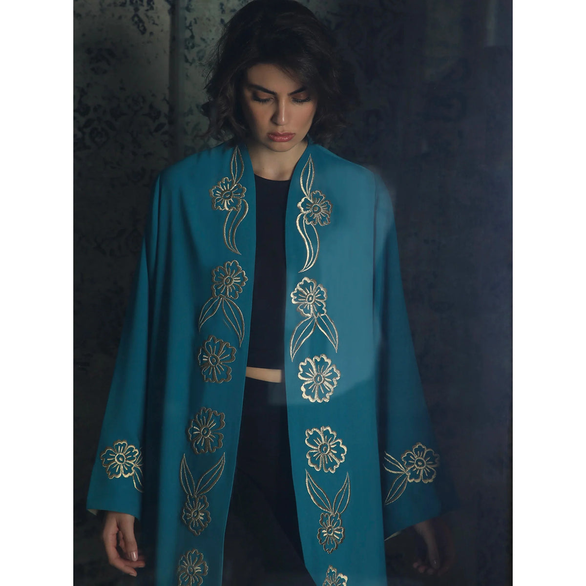 Gold Flowers Teal Abaya