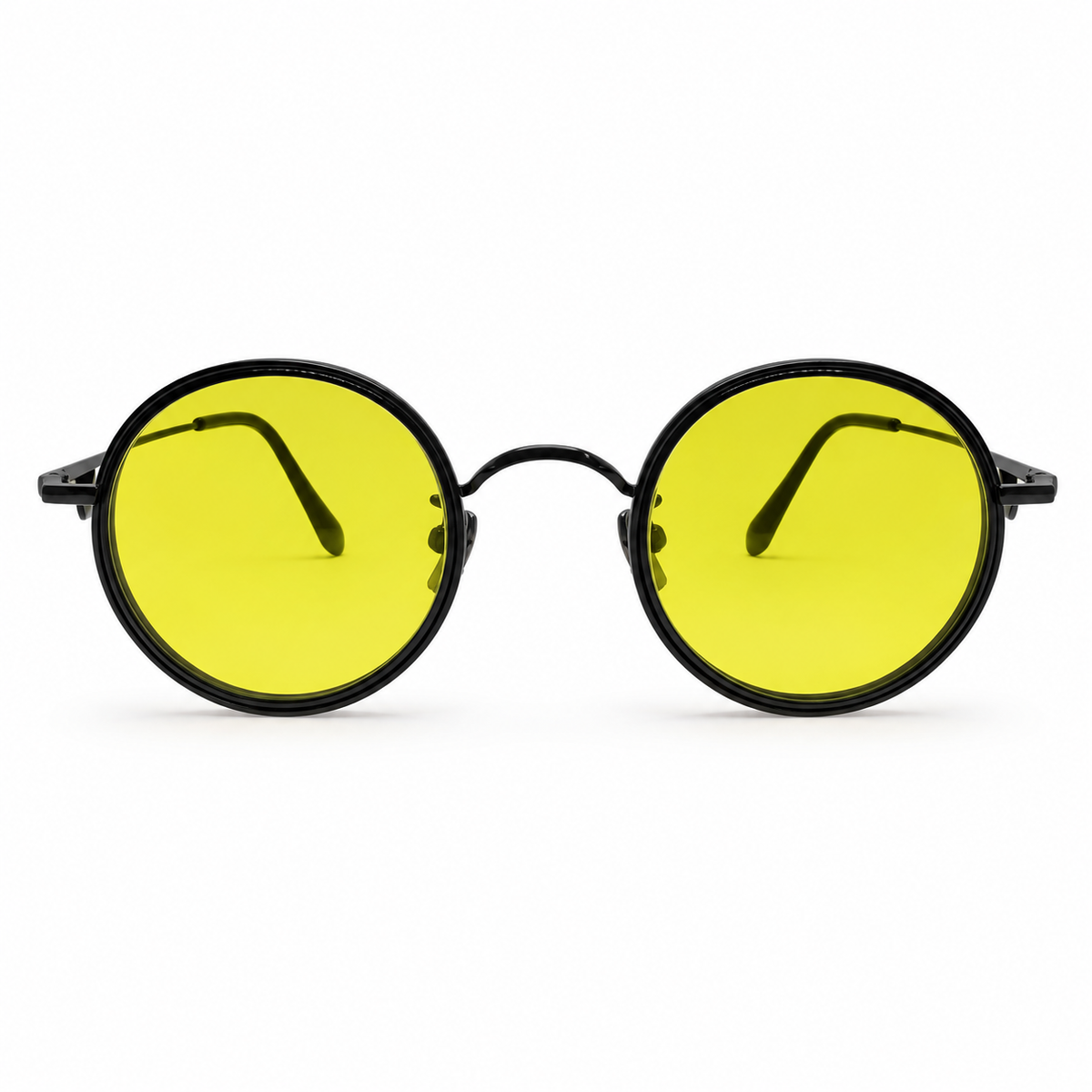 Round yellow-tinted sunglasses with black frames on a white background