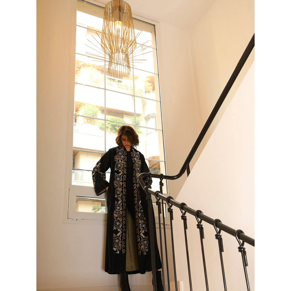 Gold Floral Swirl Black Abaya
