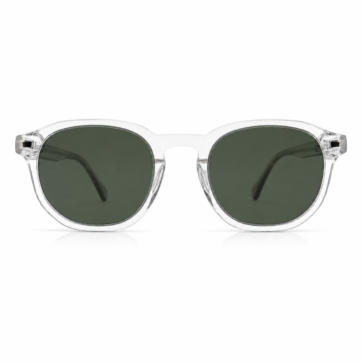 Clear frame sunglasses with dark lenses on a white background