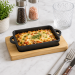 Cast Iron Rectangular Sizzling Platter with Wooden Base – 15 cm