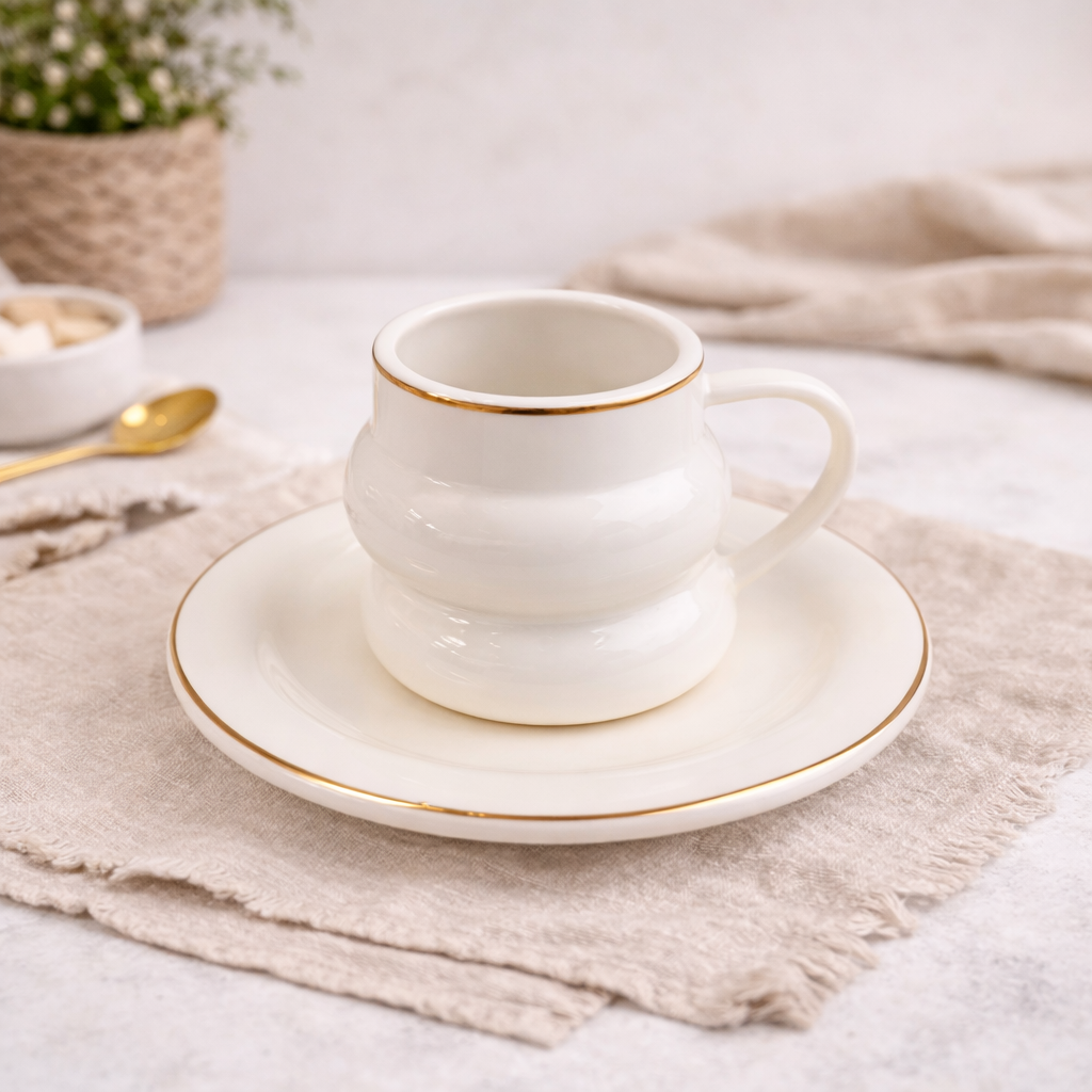 Porcelain Coffee Cups & Saucers Set, 6 Cups with Rim, White
