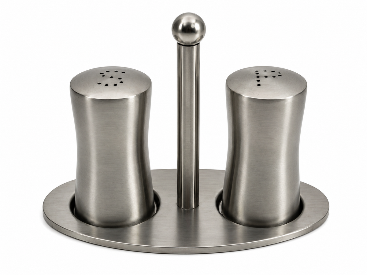 Stainless Steel Salt and Pepper Set on Stand – Black & Silver